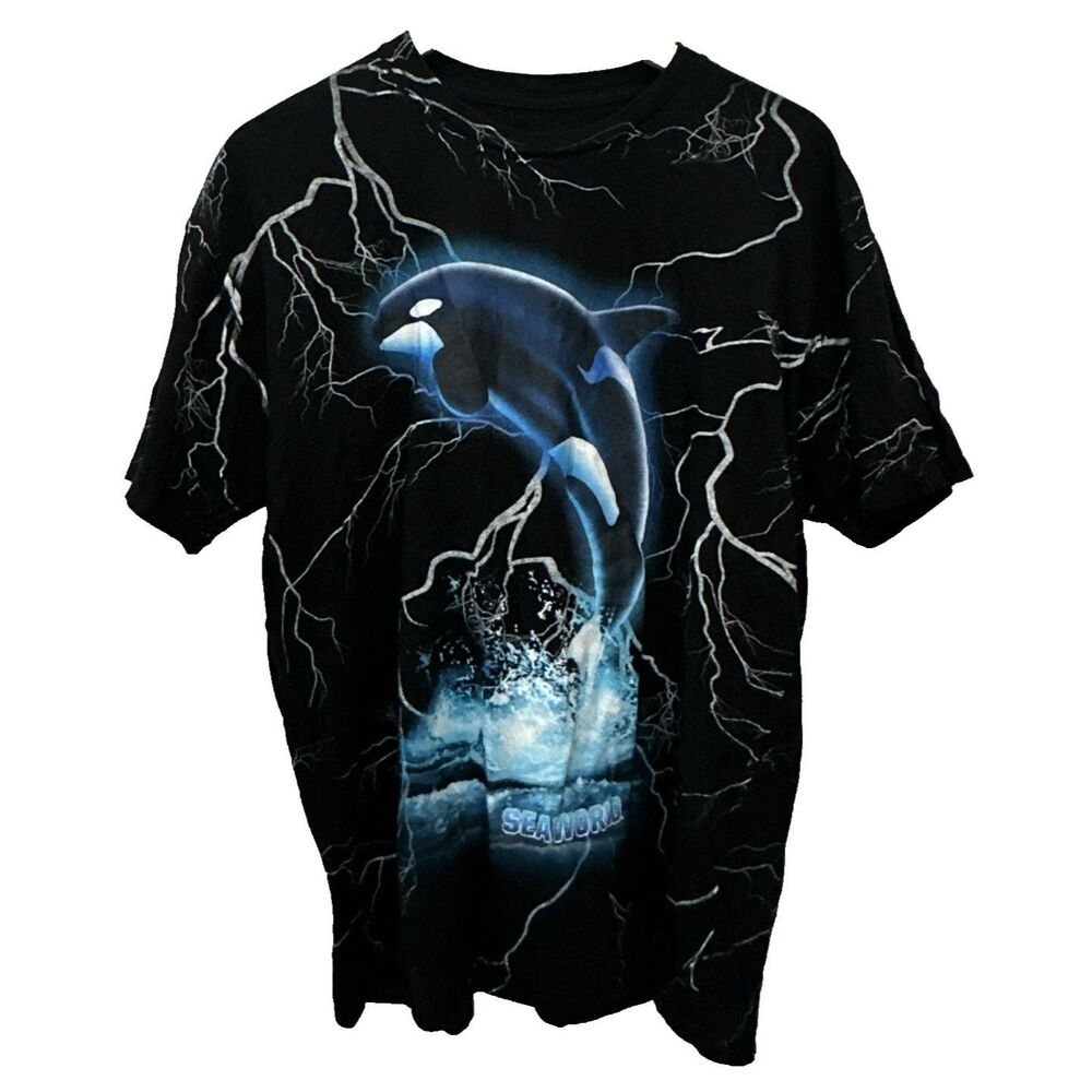 SeaWorld Shirt Black Shamu AOP Lightning Graphic Print Animal Mega Men's XL